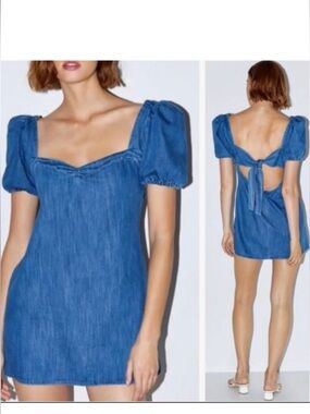 Zara Blue Denim Puff-Sleeve Mini Dress with Back Tie